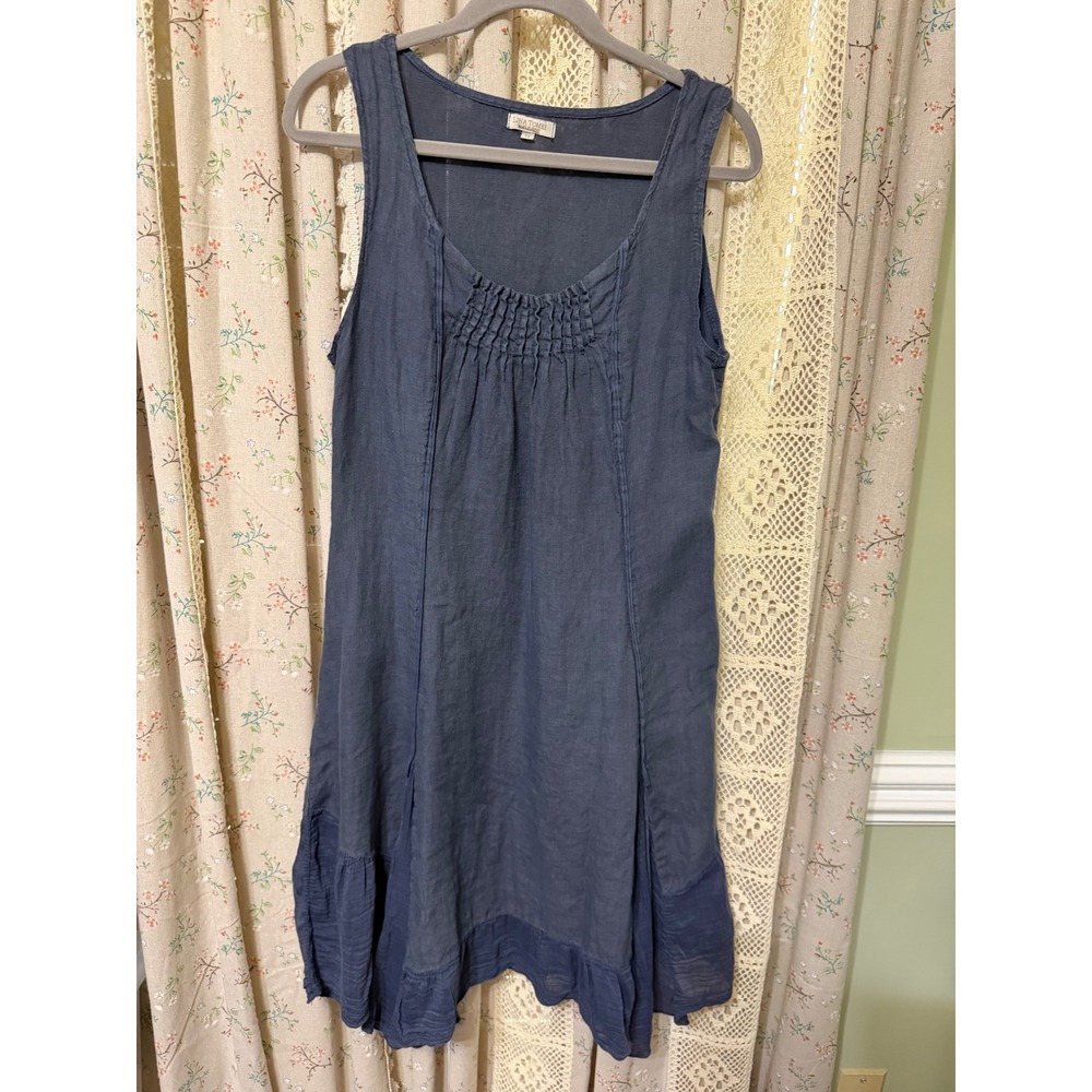 Lina Tomei Blue Linen Sleeveless Midi Dress M Italian Silk Cotton Ruffle Hem